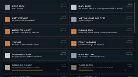 The Achievements screen: a grid of brick-icon achievements such as First Brick and Quick Brick, with progress bars on the locked ones.
