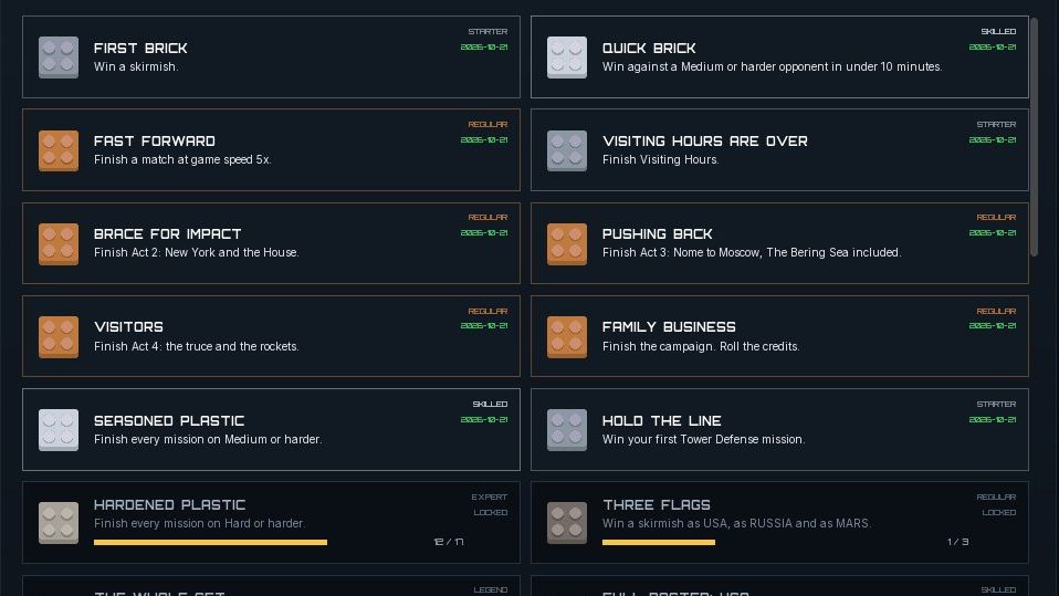 The Achievements screen: a grid of brick-icon achievements such as First Brick and Quick Brick, with progress bars on the locked ones.