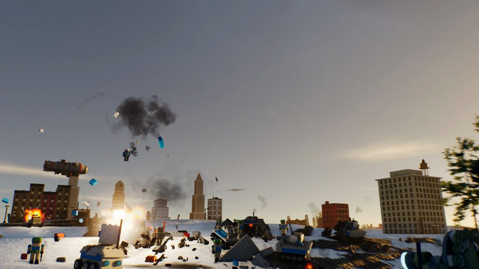 A snowy airfield at sunset with vehicles and smoke on the horizon.