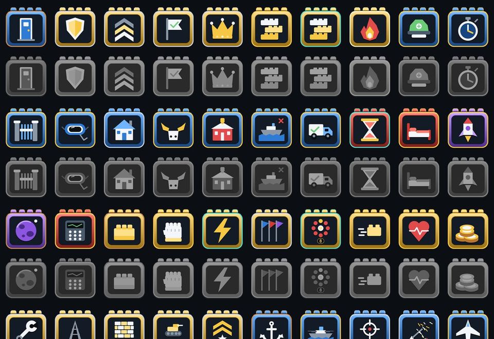 A contact sheet of dozens of small square brick-shaped achievement icons, in colour and in grey for locked ones