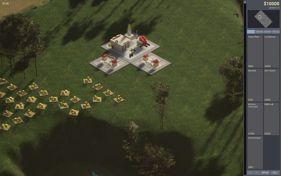 A pale-roofed base on a flat slab with gold ore piles beside it on a dark grass hillside