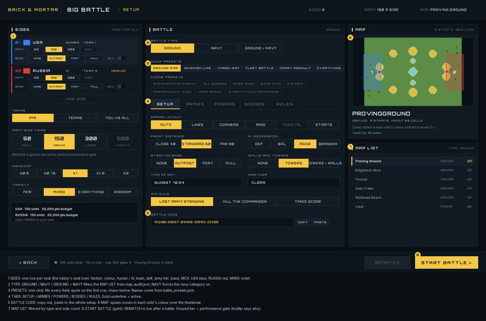 A mockup of the Big Battle setup screen with sides, army sizes, a battle code and a map preview