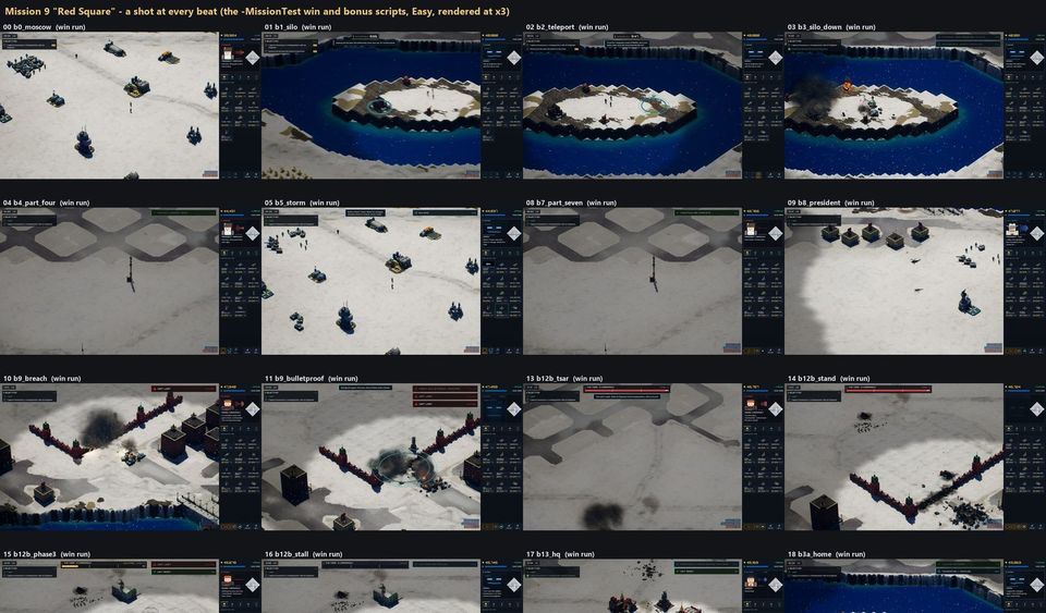 A grid of screenshots from a scripted run of a snowy mission, one frame at each story beat