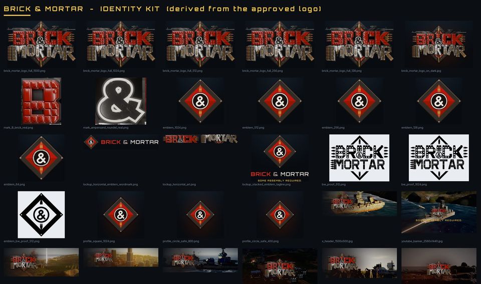 A grid of logo variants - full colour, black and white, emblem and horizontal lockups - on a dark background