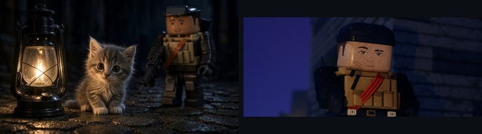 Two pictures of the same cutscene moment: a kitten beside a lantern and a brick soldier on the left, and the same soldier staged in the game on the right