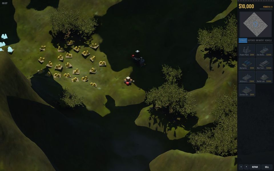 A top-down view of a dark valley with a base clearing, scattered trees and a river running through it