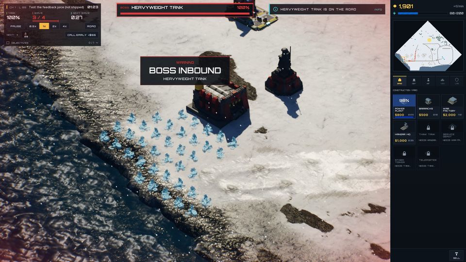 The same Tower Defense level at the moment a boss arrives, with a BOSS INBOUND banner and a red screen edge