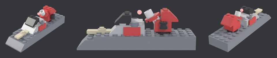 A wide review sheet of a small red and grey brick gunboat on a baseplate, shown from three angles