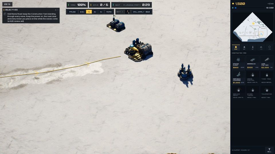 A snowy field seen from above with a dark vehicle, a small tower and a yellow lane line, with interface panels at the edges