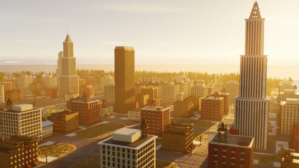 A brick-built city under a low golden sun, skyscrapers throwing long shadows.