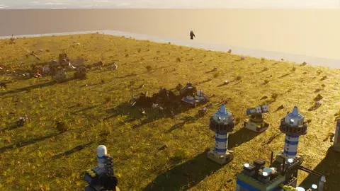 A white-and-blue lighthouse tower and wrecked vehicles on a sunlit meadow.