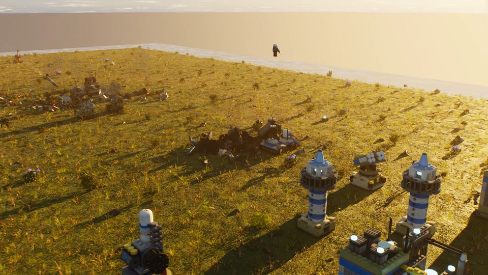 A white-and-blue lighthouse tower and wrecked vehicles on a sunlit meadow.