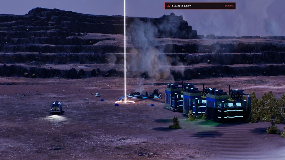A laser beam over purple Martian ground with smoke rising from a base.