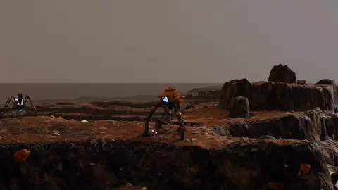 A walker machine on a red rocky ridge under a dusty sky.