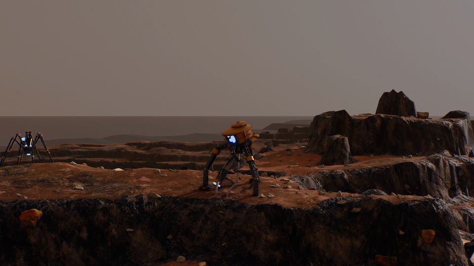 A walker machine on a red rocky ridge under a dusty sky.