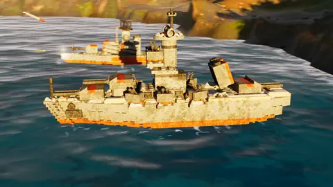 A tan brick battleship cutting through teal water.