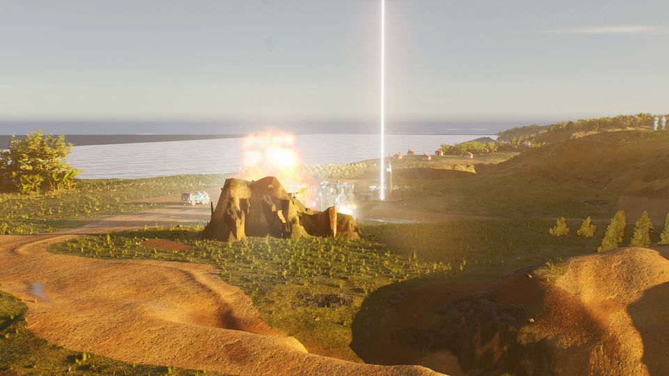 A white beam of light and a blast flash over a grassy cliff.