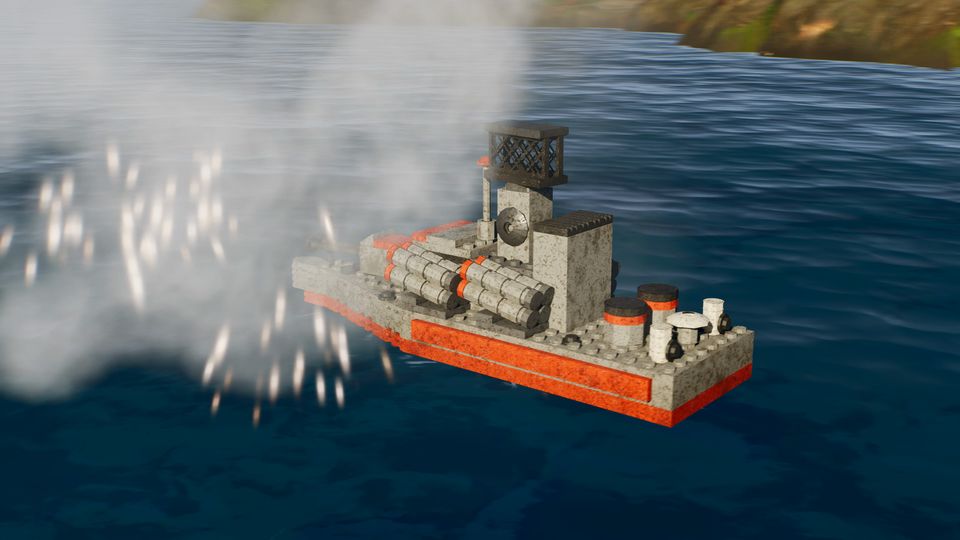 A red-hulled brick warship under missile fire.