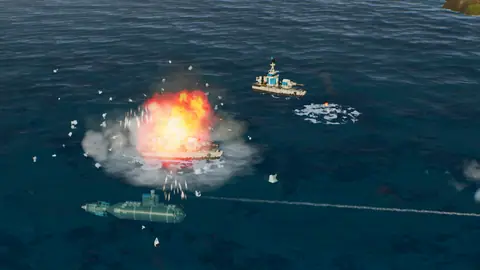 A brick ship exploding at sea beside a submarine.