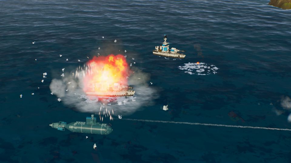 A brick ship exploding at sea beside a submarine.