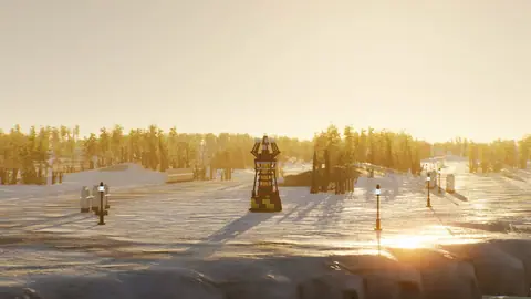A lone tower in the snow at golden hour, with lamp posts and bare trees.