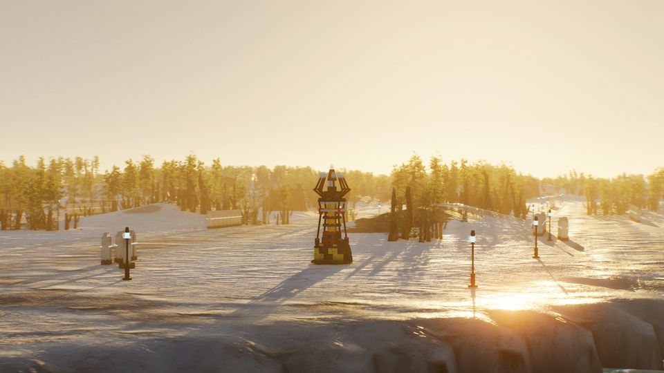 A lone tower in the snow at golden hour, with lamp posts and bare trees.