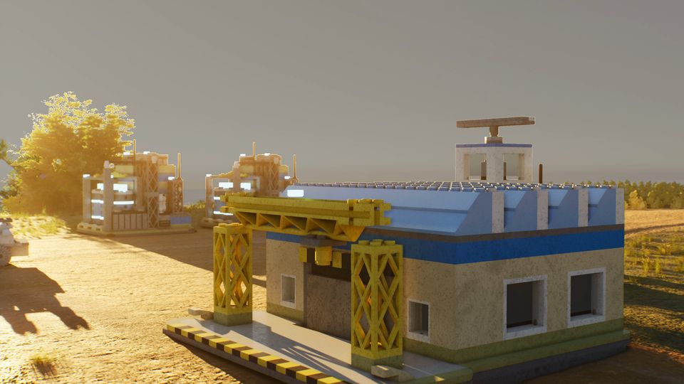 A blue-roofed brick factory with a radar dish and yellow cranes.